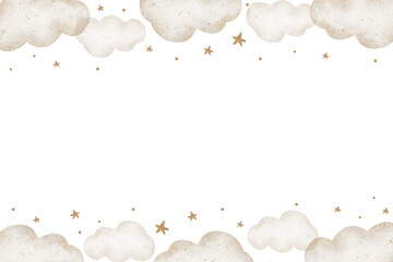 Watercolor illustrations beige clouds in stars. Frame in vintage pastel color. Horizontal template for design newborn cards, invitations to birth baby, posters, holiday, wallpaper, printing, packaging
