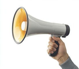 Megaphone Announcement: A person's hand firmly grips a gray megaphone, ready to project a message or amplify sound, highlighting the power of communication in this visual metaphor.