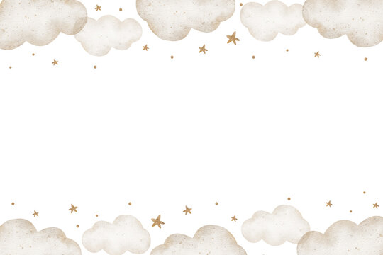 Fototapeta Watercolor illustrations beige clouds in stars. Frame in vintage pastel color. Horizontal template for design newborn cards, invitations to birth baby, posters, holiday, wallpaper, printing, packaging