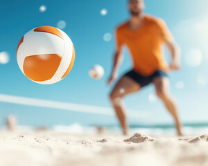 man in orange shirt plays beach volleyball, with ball in motion against sunny backdrop. scene captures excitement of outdoor sports