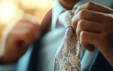 Adjusting stylish tie, man in suit exudes confidence and sophistication. intricate pattern of tie complements formal attire, creating polished look