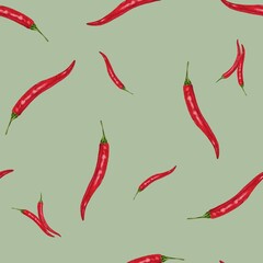 Bright seamless pattern with red chili pepper pods on a soft green background. Watercolor style with an appetizing accent. Perfect for packaging, fabrics, wallpapers and culinary design.