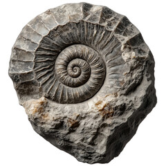Ancient ammonite fossil in a spiral shell pattern with detailed ridges, ideal for science, education, and natural history visuals.