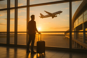 Silhouette of a Traveler at the Airport: Capturing the essence of anticipation, a lone traveler stands silhouetted against a panorama of a bright sky and a departing plane.