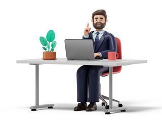 A man at a desk with a laptop, pointing upwards, symbolizing an idea or solution. 3D rendering, conceptual image. Isolated on white background.