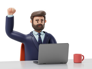 A man seated at a desk, raising his hand, symbolizing success or readiness. 3D rendering, conceptual image. Isolated on white background.