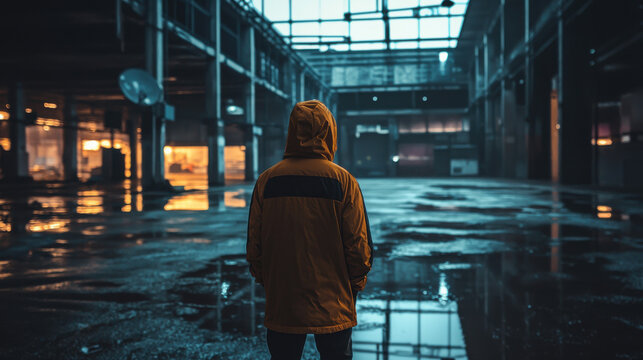 A lone figure in a yellow hooded jacket stands in a large abandoned industrial building reflecting on the past amidst puddles of water on the dark wet floor. - Powered by Adobe