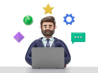 A man works at a desk with a laptop, surrounded by idea icons, symbolizing creativity and productivity. 3D rendering, conceptual image. Isolated on white background.