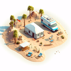 Miniature beach model for camping, camping equipment with tent, sun loungers, and umbrellas. Isometric perspective with 3D illustration.