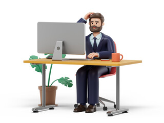 A man sits at a desk, hand on head, looking at a computer, symbolizing contemplation or a break. 3D rendering, conceptual image. Isolated on white background.