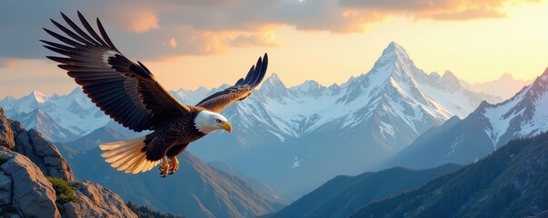 Fototapeta premium A majestic eagle soaring high above mountains, high altitude, sky photography, rock