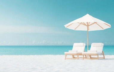 Relaxing beach scene with two comfortable lounge chairs under large umbrella, set against backdrop of clear blue skies and calm turquoise waters. Perfect for getaway
