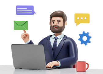 A man at a desk with a laptop, holding an envelope, surrounded by communication icons, symbolizing digital and traditional correspondence. 3D rendering, conceptual image. Isolated on white background.