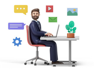 A man works on a laptop at a desk, surrounded by icons, symbolizing productivity and digital connectivity. 3D rendering, conceptual image. Isolated on white background.