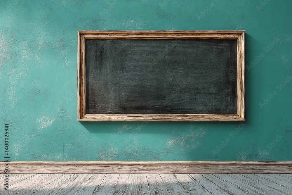 Aufkleber empty chalkboard in wooden frame on teal wall, wooden baseboard and floor, showcasing blank space fo