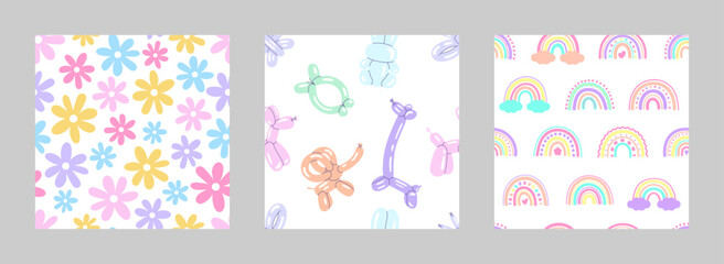 Set of pretty baby seamless pattern. Texture for wallpaper, background, fabric, wrapping paper, covers, surfaces, print. Set of abstract pretty ornament. Baby shower, baby background. Cute floral card