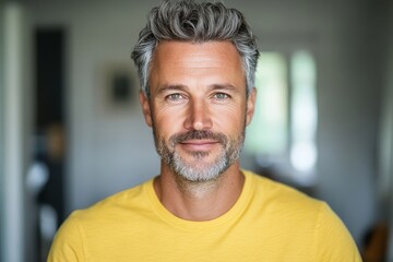 Obraz premium authentic male portrait of soft smiling 45 years old European man in yellow t-shirt at home