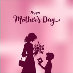 Happy Mothers Day Social Media Creative with Mom Holding Flowers and Card