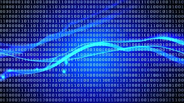 Abstract representation of binary code flowing in a digital landscape with blue tones and patterns