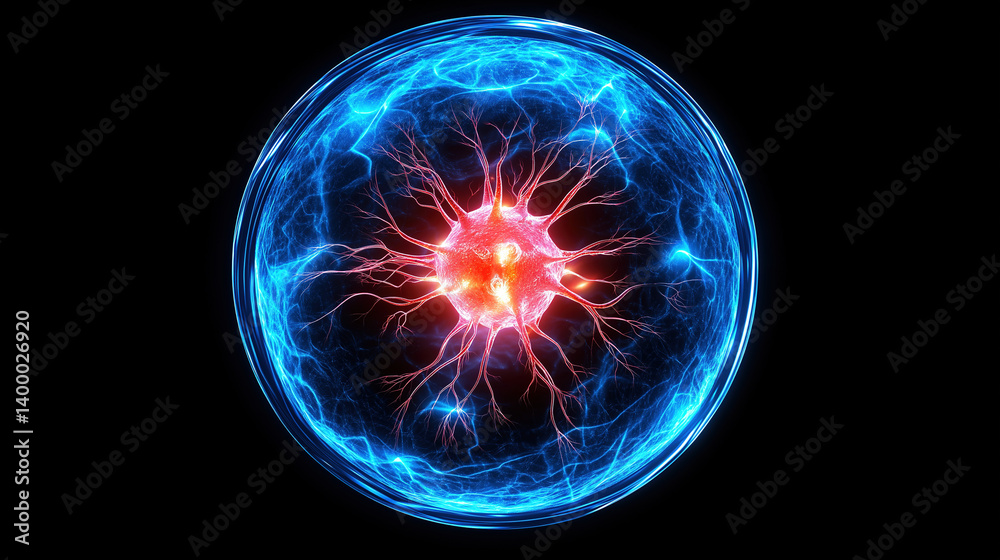 Poster futuristic glowing brain cell structure with red shining nucleus on dark technological interface. ai