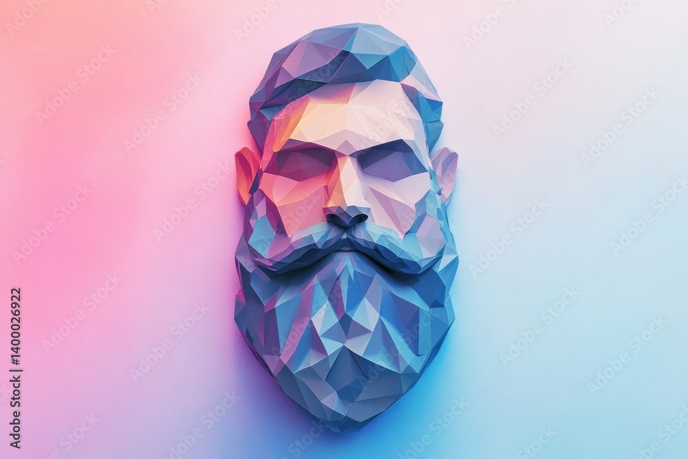 Poster Geometric beard design in low-poly 3D style on a soft gradient background showcasing modern art aesthetics and digital creativity
