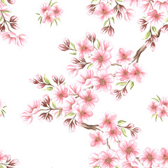 Almond branches with pink flowers and green leaves watercolor seamless pattern. Hand drawn illustration from sakura or cherry blossom. Floral background of spring blooming. Template for wallpaper.