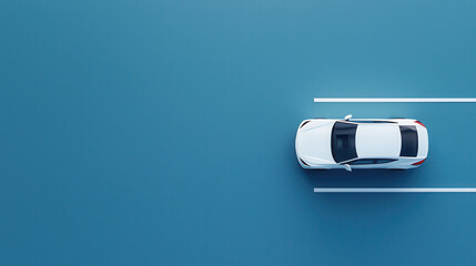 A pristine white sedan drives down a clean blue road depicted in a minimalist overhead shot ideal for automotive advertising or transportation concepts.