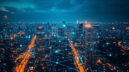 Aerial View of Urban Skyline at Night with Digital Network Connections