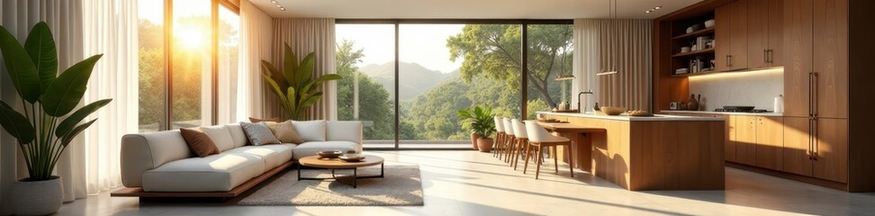 Obraz premium Sunlit modern living area with integrated kitchen, home, airy, open