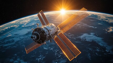 Obraz premium Stunning Spacecraft Orbiting Earth with Sun Rising Behind Planet