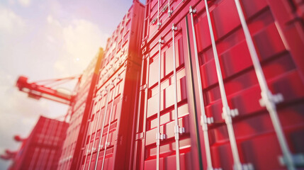 Stacked shipping containers at busy port with cranes, symbolizing global logistics and international trade tariffs, industrial transport and supply chain concept.