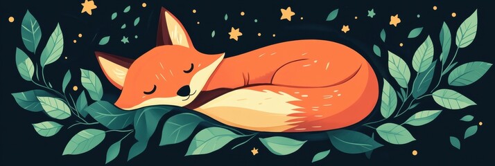 Naklejka premium Sleeping fox curled in leaves under glowing stars in a cozy night setting