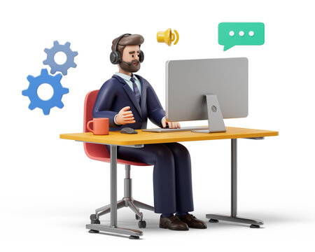 A man with headphones and a laptop at a desk, symbolizing customer service and digital interaction. 3D rendering, conceptual image. Isolated on white background.