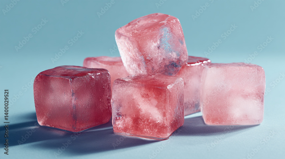 Poster Close-up of translucent pink ice cubes, subtly textured, creating a refreshing and cool image, showcasing a minimalist aesthetic, ideal for drink or spa concepts