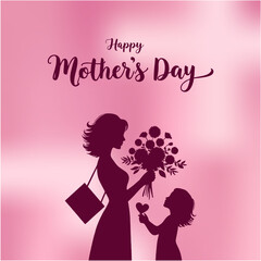 Happy Mothers Day Social Media Creative with Mom Holding Flowers and Card