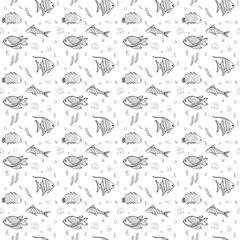 Black and white seamless pattern. Pattern with different types of fish and water plants. Vector pattern with hand-drawn details.