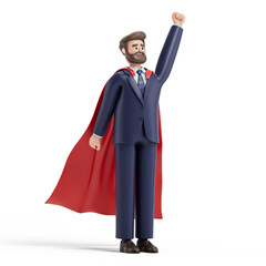 A man with a cape, arm raised high, symbolizing victory or leadership. 3D rendering, conceptual image. Isolated on white background.