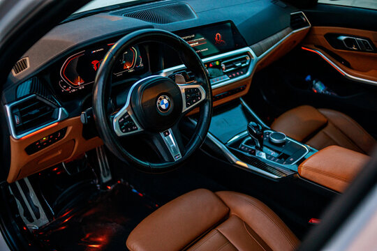 baku / azerbaijan - 10.26.2024: interior of white bmw m340