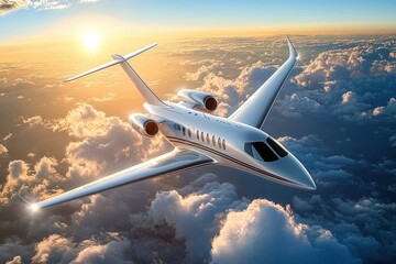 In a breathtaking aerial view- a sleek and luxurious white private jet soars gracefully through clear- sunny sky- casting a radiant glow as sun begins to set- creating a stunning contrast against back