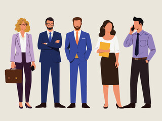 Obraz premium Business team. Vector illustration in simple flat style of diverse cartoon young men and women in office outfits. Isolated on background