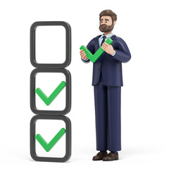 A man holds a green checkmark, symbolizing approval or completion. 3D rendering, conceptual image. Isolated on white background.