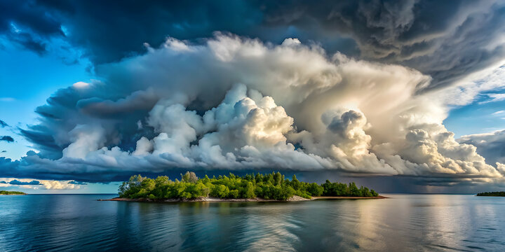 Clouds rolling in over a quiet island just before a storm