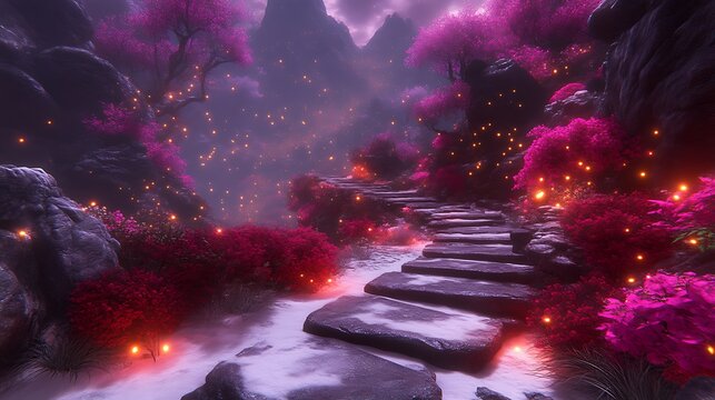 Enchanting Stone Steps Through a Pink Blossom Forest - Powered by Adobe