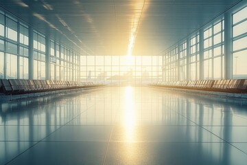 empty departure lounge at airport- with its rows of unoccupied seats and gleaming floors- presented a serene and tranquil panoramic view- as morning sunlight streamed through windows- casting a warm