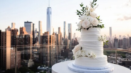 Urban rooftop wedding with modern white cake and minimalistic decor in city skyline view.