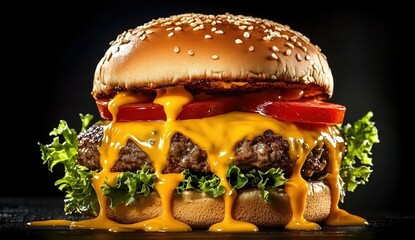 A Scrumptious Juicy Cheeseburger Dripping with Melted Cheese and Fresh Veggies on a Dark Background