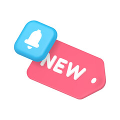 New arrival shopping tag ring bell announcement notification 3d icon realistic vector illustration. Retail commercial advertising shop store market supermarket special offer promo merchandise
