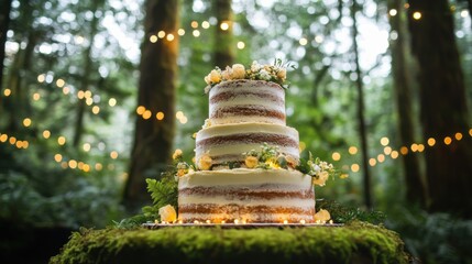 Wide-angle of a whimsical woodland wedding cake surrounded by moss and fairy lights.