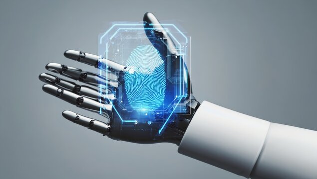 Robotic hand scanning a digital fingerprint using futuristic interface representing biometric technology, artificial intelligence, secure identity verification, and smart cyber authentication system.