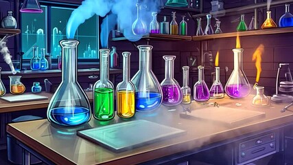 Exploring Colorful Concoctions in a Whimsical Cartoon Science Laboratory Setup - Powered by Adobe